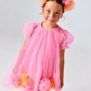 Abito Fucsia Bambina Tulle Pom Pom