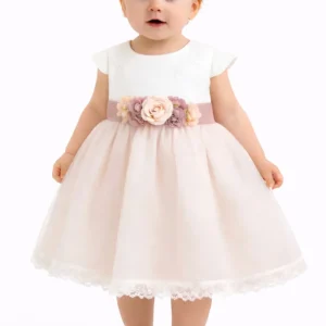 Abito Battesimo Neonata Rosa Ricami Fiori