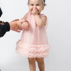 Abito Neonata Rosa Tulle e Rouche