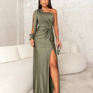 Alessandra | Abito da Sera Lungo Satinato a Una Spalla con Fessura Alta